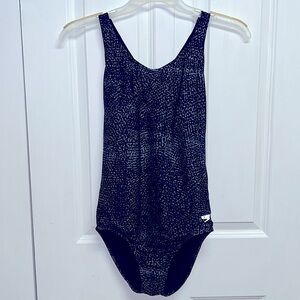 Speedo Blue Black print Racer Back One Piece Bathing Suit Size 8